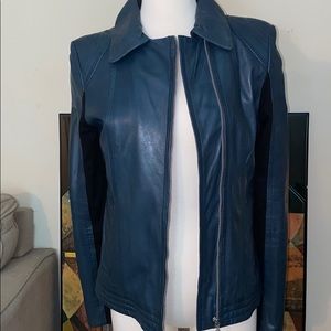Navy blue hooded Genuine leather bomber